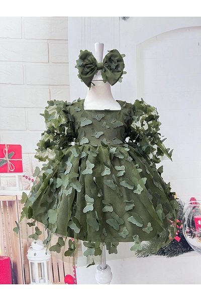 Nissa Green Butterfly Patterned Girl's Children's Dress Evening Dress