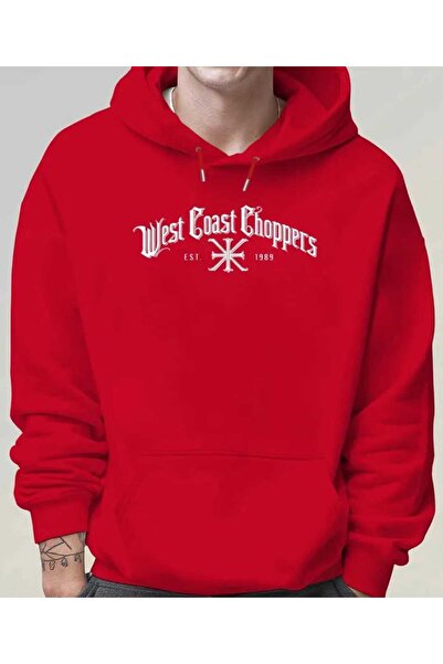 caddekombin West Coast Choppers Печатана качулка с джобове Памучна червена суитшърт