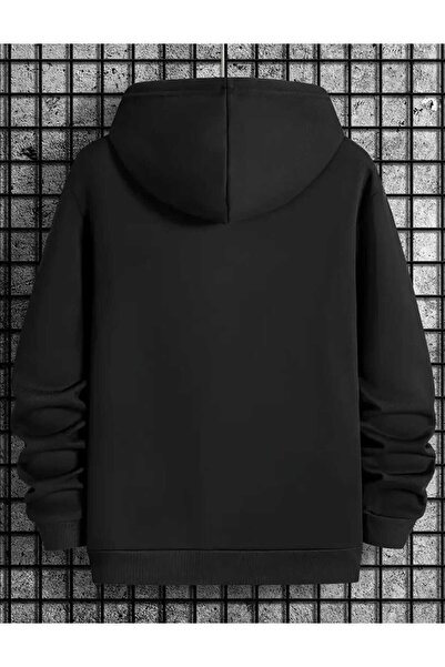 caddekombin Μαύρο φούτερ με κουκούλα Rep Gothic Font με τσέπες και μάλλινη επένδυση