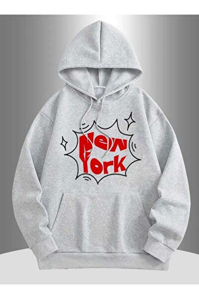 caddekombin Γκρι φούτερ με κουκούλα με στάμπα New York Pop με τσέπες και επένδυση από μαλλί