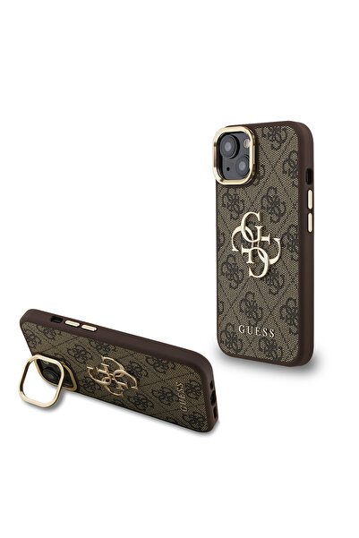 Guess iPhone 15 Uyumlu Kılıf Lisanslı Metal 4G ve Yazı Logolu Kamera Standlı ...
