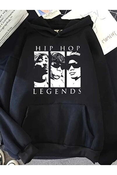 caddekombin Hip Hop Efsaneleri Baskılı Kapüşonlu Cepli İçi Yünlü Siyah Sweatshirt