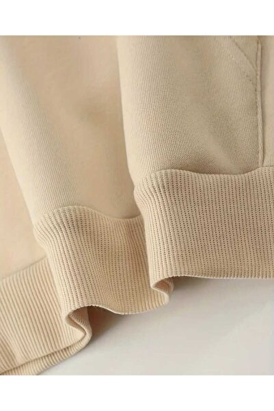 caddekombin Φούτερ με κουκούλα με στάμπα Star Denim με μάλλινη επένδυση και τσέπες σε μπεζ χρώμα