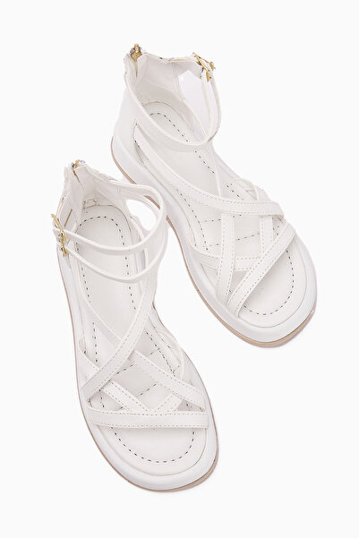 Limoya Sara Cross-Strapped White Women's Sandals Thick-Soled Ankle Buckle Opportunity Product