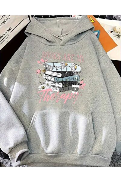 caddekombin Hanorac cu glugă imprimat Book Therapy, gri, cu buzunare și inter...