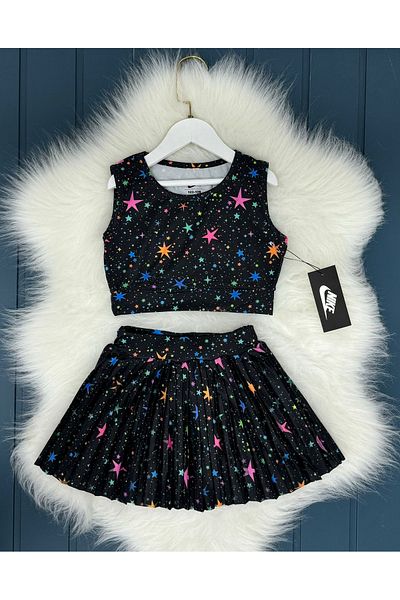 MİNİ İNOWESTA KİDS Girls Children's Casual Crop Star Pattern Black Shorts Skirt Boxer Vivid Colors Sports Crop Bottom Top Suit