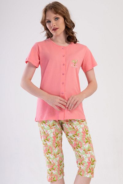 VİENETTA Women's Cotton All Button Short Sleeve Capri Pajamas Suit , 410040