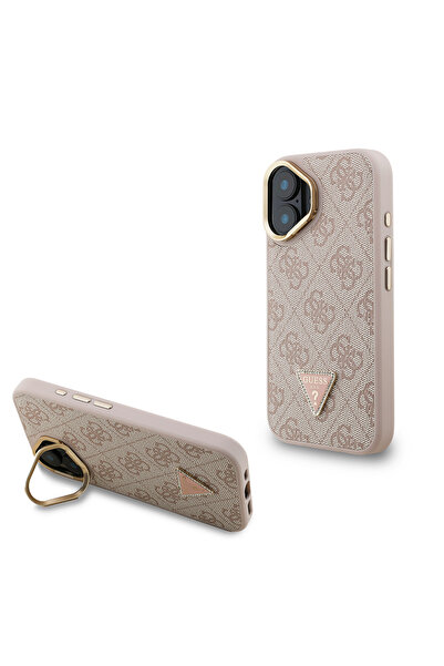 Guess iPhone 16 Uyumlu Kılıf Lisanslı PU Deri Taşlı Üçgen Logo 4G Desenli Kam...