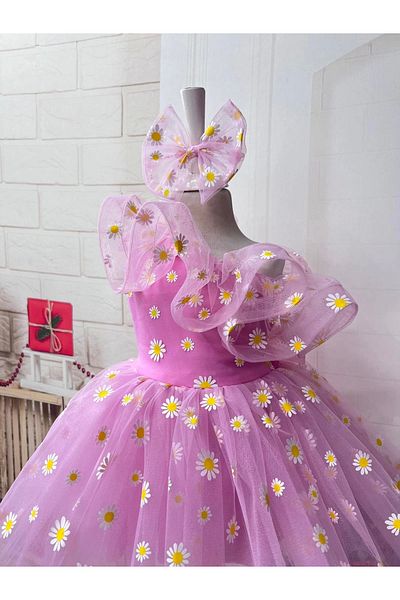 Nissa Pink Daisy Embroidery Open Shoulder Girl's Dress Evening Dress