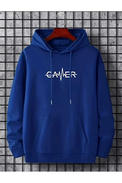 caddekombin Hanorac albastru din bumbac cu buzunar cu glugă cu imprimeu Gamer