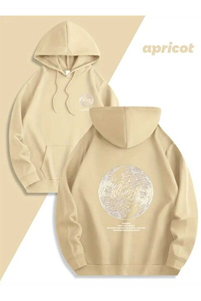 caddekombin Lazarus Back Chest Printed Hooded Pocket Cotton Beige Sweatshirt