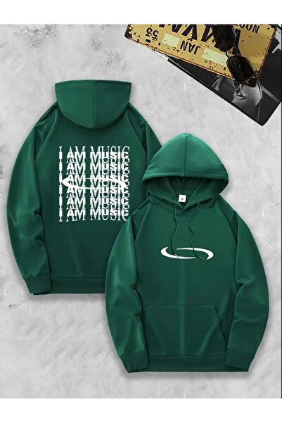 caddekombin I Am Music Arka Baskılı Kapüşonlu Cepli Pamuklu Yeşil Sweatshirt