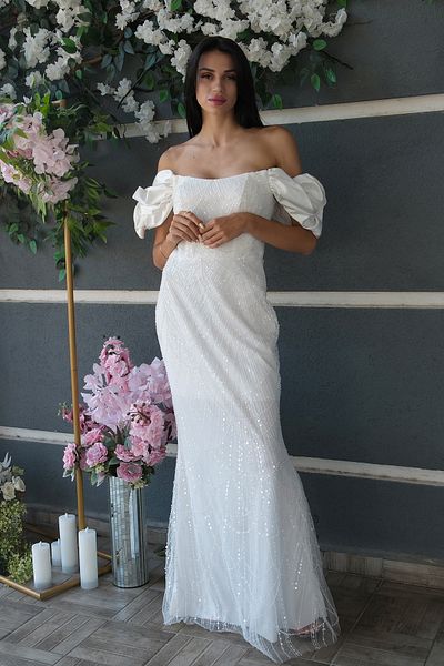 Feminist Stone Beaded Balloon Sleeve Evening Dress White 9705417