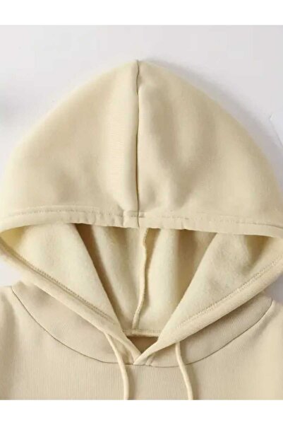 Elvino Βαμβακερό μπεζ φούτερ με κουκούλα και τσέπη με στάμπα με κορδέλα