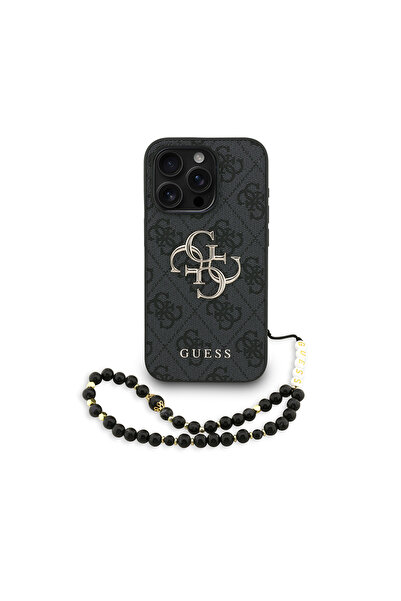 Guess iPhone 15 Pro Uyumlu Kılıf Lisanslı Bilek Askı İpli Metal 4G ve Yazı Lo...