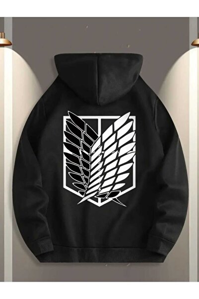 caddekombin AOT Keşif Birliği Arka Göğüs Baskılı Kapüşonlu Cepli İçi Yünlü Siyah Sweatshirt