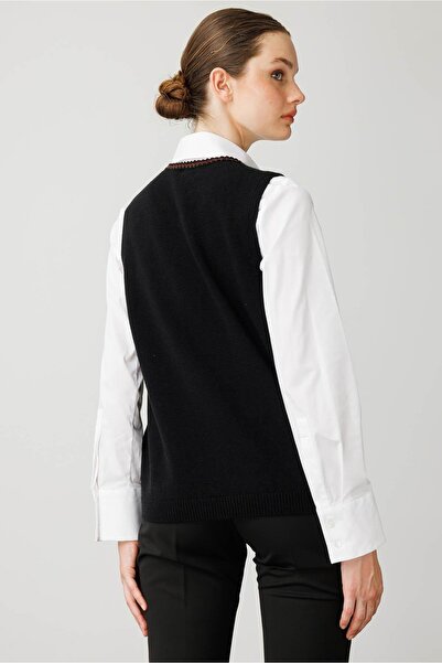 Desen Triko Women's Crew Neck Pocket and Collar Colorful Crocheted Wool Sweater Black