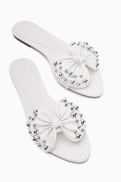Limoya Dotty White Kabara Studded Bow Women's Slippers
