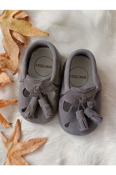 Hodore Wizy Tasseled Gray Genuine Leather Baby Booties Moccasins