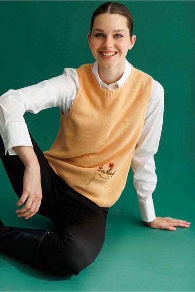 Desen Triko Women's Crew Neck Pocket Top Embroidered Sweater Salmon