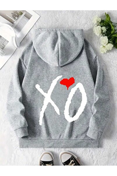 caddekombin Hanorac gri XO cu imprimeu pe spate, cu buzunar și lână în interior