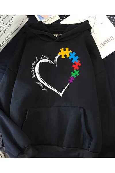 caddekombin Hanorac negru din bumbac cu buzunar și imprimeu Puzzle Heart