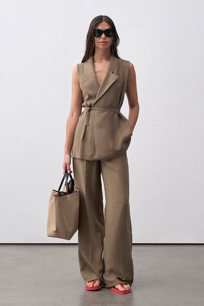 mathilda store Women's Khaki Double Breasted Collar Belted Vest Pants Suit