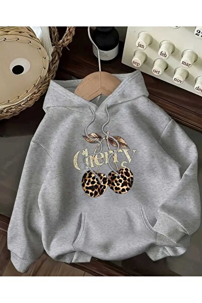 caddekombin Leopárdmintás cseresznyemintás kapucnis pamut szürke pulóver zsebekkel