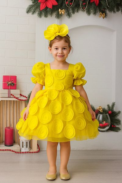 Nissa Yellow Round Circle Pattern Evening Dress