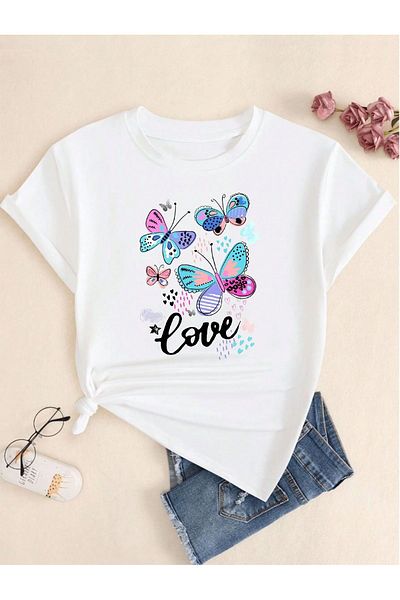 VOICTEC Women's Oversized Color Gradient Butterfly Printed Crew Neck T-Shirt