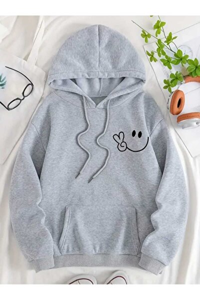 caddekombin Γκρι φούτερ με κουκούλα με στάμπα με χαμογελαστό πρόσωπο, με τσέπες και εσωτερικό μάλλινο επένδυση