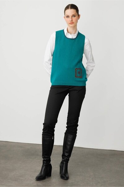 Desen Triko Women's Crew Neck Pocket and Collar Color Crocheted Wool Sweater Early Bc