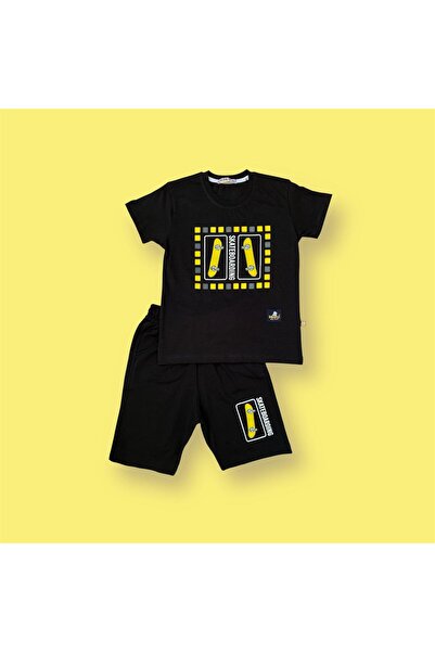 Modish Boys' Shorts Set Black Skateboard Patterned 2-Piece Summer Sports Set