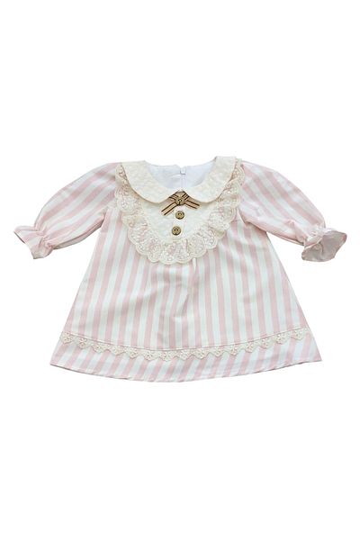 Hafez Kids Luxury Girl Dress Striped Ruched Collar Buttoned Hidden Zipper