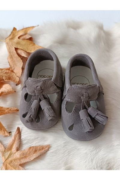 Hodore Wizy Tasseled Gray Genuine Leather Baby Booties Moccasins