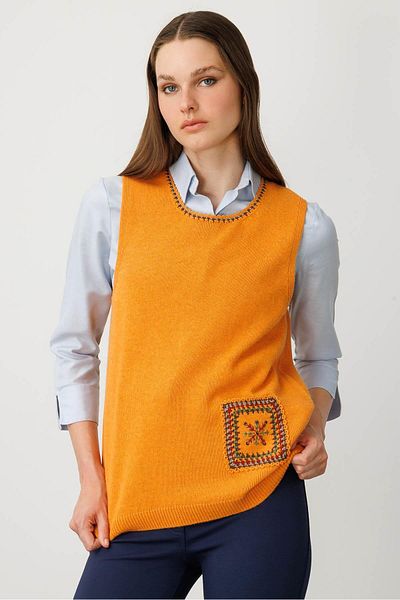 Desen Triko Women's Crew Neck Pocket and Collar Colorful Crochet Cashmere Sweater K.K.