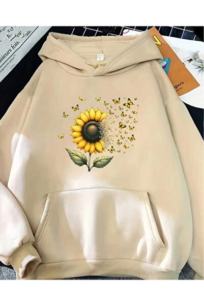 caddekombin Hanorac bej cu glugă, cu imprimeu floarea-soarelui, cu buzunare și interior din lână