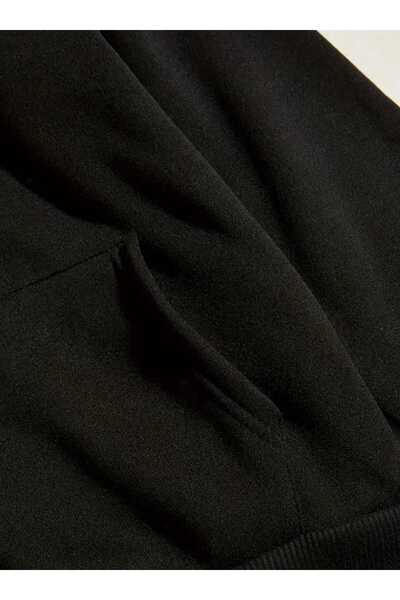 caddekombin Uçak Baskılı Kapüşonlu Cepli Pamuklu Siyah Sweatshirt