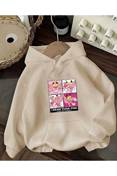 caddekombin Hanorac cu glugă cu imprimeu Pink Panther, din bumbac, bej, cu buzunare