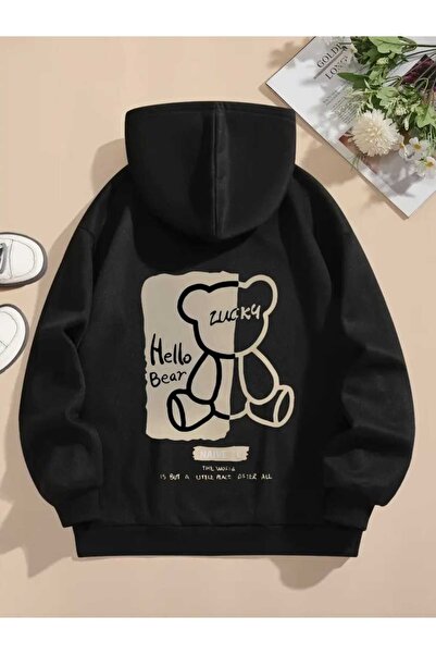 caddekombin Hanorac negru cu glugă cu imprimeu pe spate Hello Bear, cu buzuna...