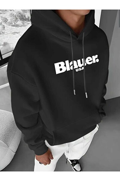 caddekombin Blauer Usa Printed Hooded Pocket Cotton Black Sweatshirt