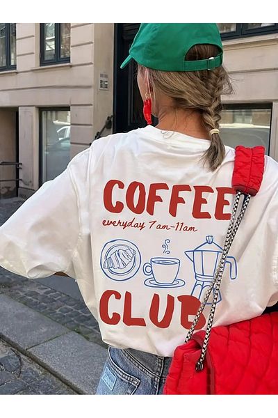 AEMİ Unisex Coffee Club Printed Oversize Crew Neck T-Shirt