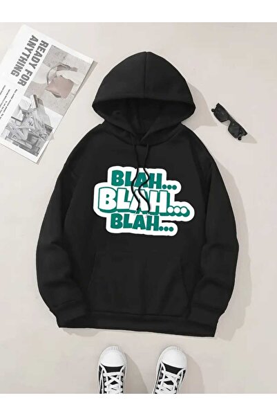 caddekombin Μαύρο φούτερ με κουκούλα με στάμπα Blah Blah Blah, με τσέπες και εσωτερικό μάλλινο επένδυση