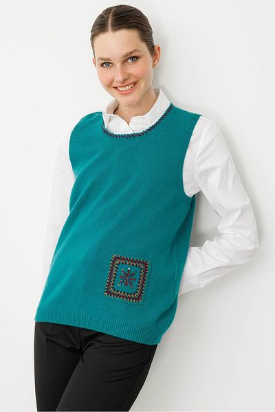 Desen Triko Women's Crew Neck Pocket and Collar Color Crocheted Wool Sweater Early Bc