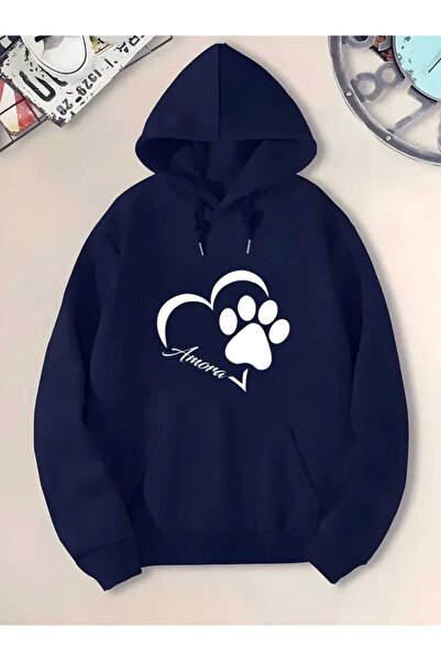 caddekombin Μπλουζάκι με κουκούλα με στάμπα καρδιάς και τσέπες, εσωτερικά μάλλινο, σκούρο μπλε