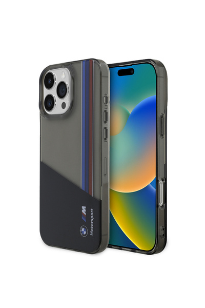 BMW iPhone 16 Pro Max Uyumlu Kılıf Orjinal Lisanslı Yarı Transparan M Dizayn Çizgili Kapak Siyah