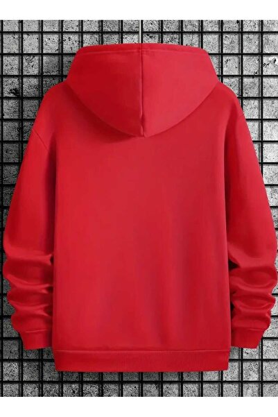 caddekombin Schw Zeo سويت شيرت قطني أحمر بطبعة جيوب وقلنسوة