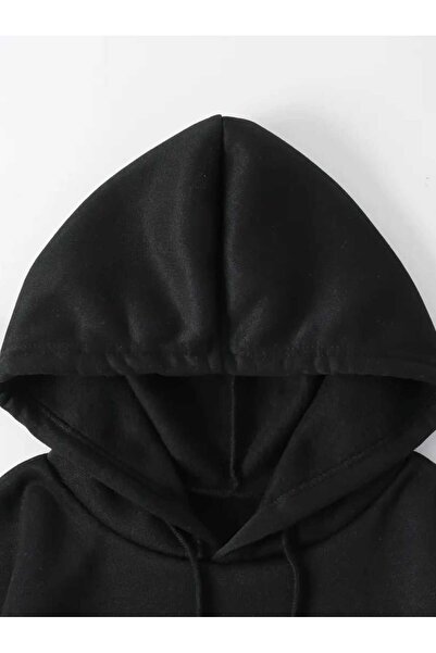 caddekombin Μαύρο φούτερ με κουκούλα με στάμπα λεοπάρ και τσέπες από βαμβάκι