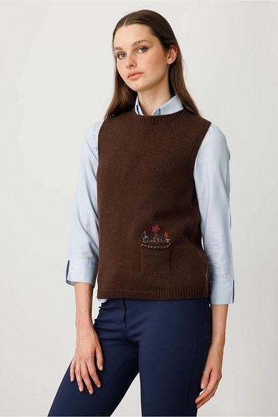Desen Triko Women's Crew Neck Pocket Top Flower Embroidered Wool Sweater M.Brown