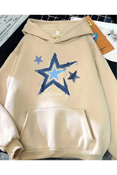 caddekombin Φούτερ με κουκούλα με στάμπα Star Denim με μάλλινη επένδυση και τσέπες σε μπεζ χρώμα